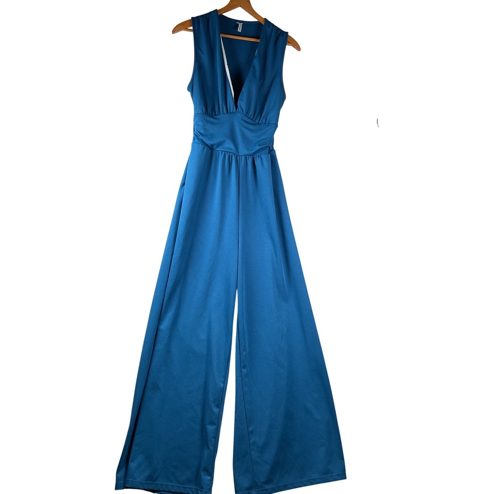 Halara Wide Leg Jumpsuit Womens Small Teal Blue V-Neck Cutout Back Sleeveless